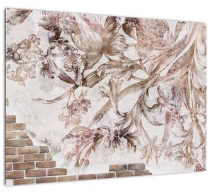 Obraz - Kvetinová freska na tehlovej stene (70x50 cm)