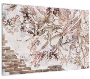 Obraz - Kvetinová freska na tehlovej stene (90x60 cm)