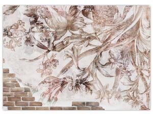 Obraz - Kvetinová freska na tehlovej stene (70x50 cm)