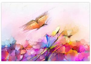 Obraz - Motýľ nad kvetinou, abstrakcia (90x60 cm)