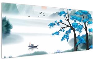 Obraz - Maľované jazero s loďkou (120x50 cm)
