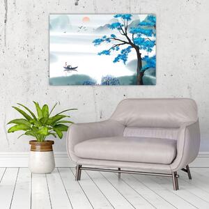 Obraz - Maľované jazero s loďkou (90x60 cm)