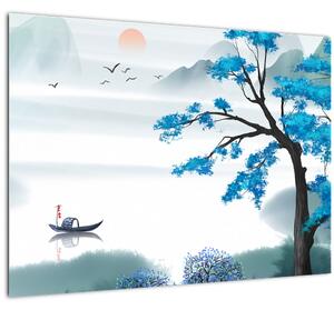 Obraz - Maľované jazero s loďkou (70x50 cm)