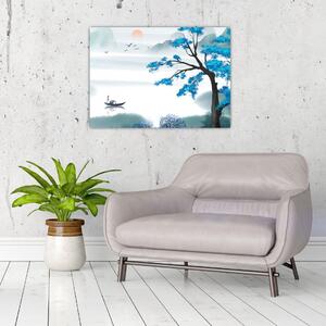 Obraz - Maľované jazero s loďkou (70x50 cm)