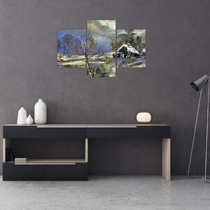 Obraz chalúpky v zimnej krajine, olejomaľba (90x60 cm)