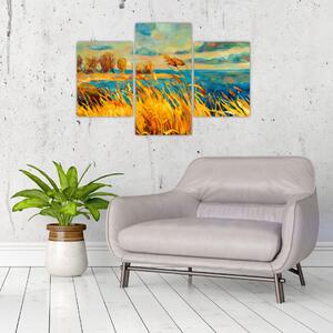 Obraz - Západajúce slnko nad jazerom, akrylová maľba (90x60 cm)