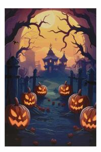Nástenná maľba Pumpkin Cemetery, 9 LED diód, 60,5 x 40 cm