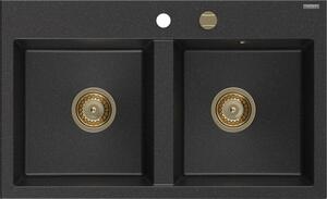 Mexen Hektor, 2-komorový granitový drez 800x480x205 mm, čierna-strieborná metalíza, zlatý sifón, 6521802000-73-G