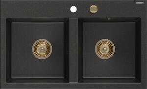Mexen Hektor, 2-komorový granitový drez 800x480x205 mm, čierna-zlatá metalíza, zlatý sifón, 6521802000-75-G