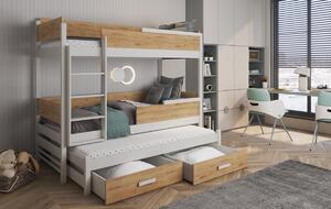 TERRA 3 v kombinácii s nábytkovou doskou masívne drevo trojlôžková poschodová posteľ s úložným priestorom na posteľnú bielizeň180x80cm