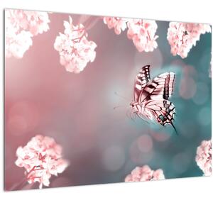 Sklenený obraz - Motýľ medzi kvetmi (70x50 cm)