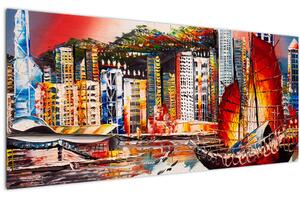 Obrázok - Victoria Harbor, Hong Kong, olejomaľba (120x50 cm)