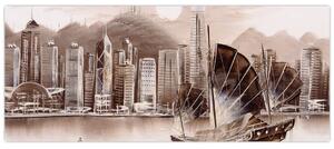 Obrázok - Victoria Harbor, Hong Kong, sépiový efekt (120x50 cm)