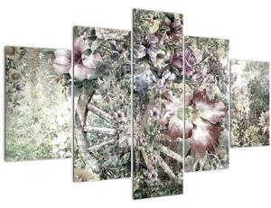 Obraz kvetov na drevenom bicykli (150x105 cm)