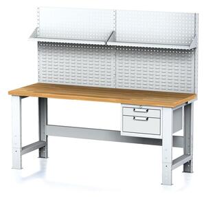 Nastaviteľný dielenský stôl MECHANIC I, závesný box na náradie, nadstavba, polica, 2 zásuvky, 2000x700x700-1055 mm, modré