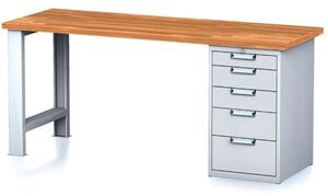 Dielenský pracovný stôl MECHANIC I, pevná noha + dielenský box na náradie, 5 zásuviek, 2000 x 700 x 880 mm, sivé dvere