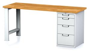 Dielenský pracovný stôl MECHANIC I, pevná noha + dielenský box na náradie, 4 zásuvky, 2000 x 700 x 880 mm, modré dvere