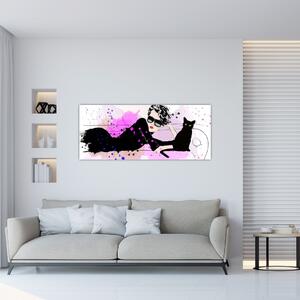 Obraz - Žena s čiernou mačkou (120x50 cm)