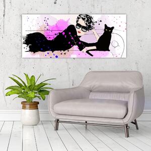 Obraz - Žena s čiernou mačkou (120x50 cm)