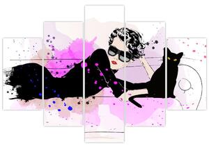 Obraz - Žena s čiernou mačkou (150x105 cm)