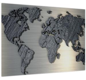 Sklenený obraz - Mapa sveta v kamennej textúre (70x50 cm)