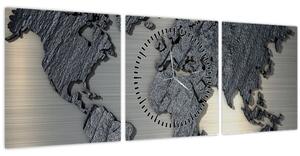 Obraz - Mapa sveta v kamennej textúre (s hodinami) (90x30 cm)