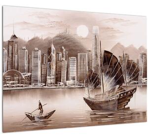 Obrázok - Victoria Harbor, Hong Kong, sépiový efekt (70x50 cm)