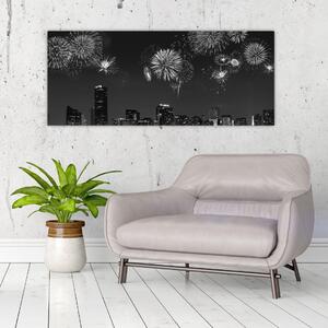 Obraz - Ohňostroj v Miami, čiernobiela (120x50 cm)