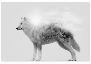 Obraz - Arktický vlk zrkadliaci divokú krajinu, čiernobiely (90x60 cm)