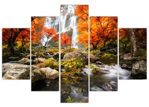 Obraz - Vodopády v oranžovom lese (150x105 cm)