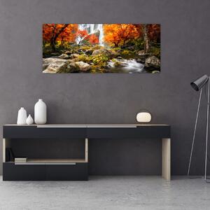Obraz - Vodopády v oranžovom lese (120x50 cm)