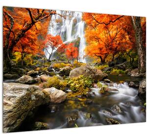 Obraz - Vodopády v oranžovom lese (70x50 cm)