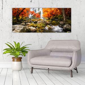 Obraz - Vodopády v oranžovom lese (120x50 cm)
