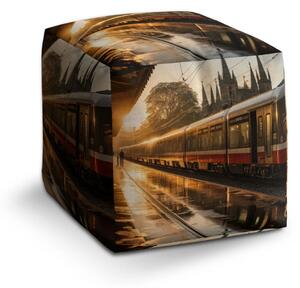 Sablio Taburet Cube Vlak na stanici pri východe slnka - 40x40x40 cm
