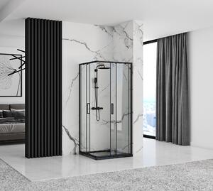 Rea Punto, sprchový kút s posuvnými dverami 90(dvere) x 90(dvere) x 190 cm, 5mm číre sklo, čierny profil + biela sprchová vanička Savoy, KPL-K1014