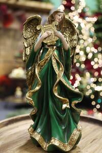 Zeleno zlatá figúrka anjel s lýrou 38cm