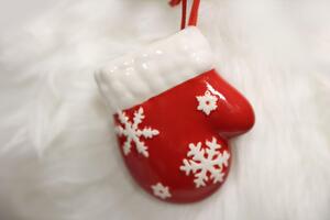 Červená vianočná ozdoba rukavica s vločkami 11cm