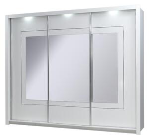 Veľká zrkadlová šatníková skriňa 258 cm PAMPLONA - alpská biela / lesklá biela + LED osvetlenie ZDARMA
