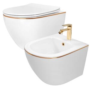 Rea Carlo Mini Gold Edge, závesná WC misa 490x370 mm + bidet 495x370 mm, biela so zlatým okrajom, 46327