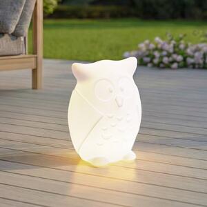Lindby LED akumulátorová lampa Errol, sova, biela, RGBW, IP54, Biela / opálová, Detská izba, Plast, Moderný