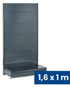 Predajný regál jednostranný, perfo steny, 1600 x 1000 x 450 mm, základný, antracit