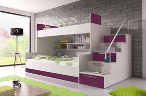 Detská poschodová posteľ RENI 2 - 90x200, biela / fialová