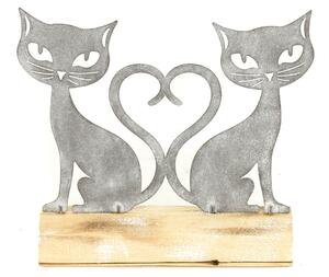 Mačičky kovová dekorácia na drvenom podstavci