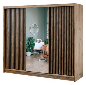 Skriňa s posuvnými dverami z lamelami z zrkadlom London 250 cm - Dub wotan / Čierny