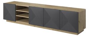 TV stolík Asha 200 cm na sokli s 3 otvorenými policami - artisan / rivier stone mat