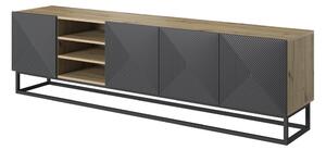 TV stolík Asha 200 cm na čiernom podstavci s 3 otvorenými policami - artisan / čierny mat