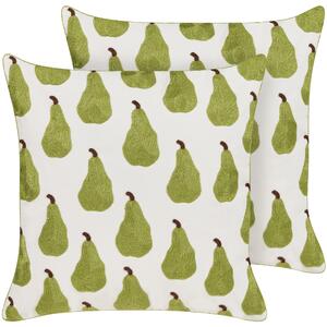 Sada 2 dekoratívnych vankúšov zelená biela bavlna polyester 45 x 45 cm vzor hrušiek ovocný motív vyšívané dekorácie doplnky
