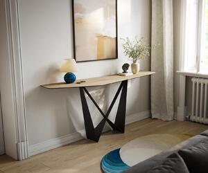 DELIFE Konzolový stolík Edge polygonálny 180×50 cm keramika Laminam® Sabbia dubová farba Spios kov čierna