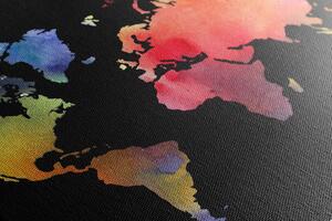 Obraz na korku mapa sveta v akvarelovom prevedení na čiernom pozadí