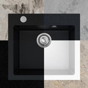 Sink Quality Ferrum 50, kuchynský granitový drez 490x450x195 mm + čierny sifón, biela, SKQ-FER.W.1K50.XB